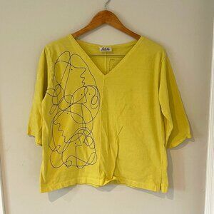 Odile 100% Cotton Abstract Yellow T-Shirt Size Medium Boho Artsy